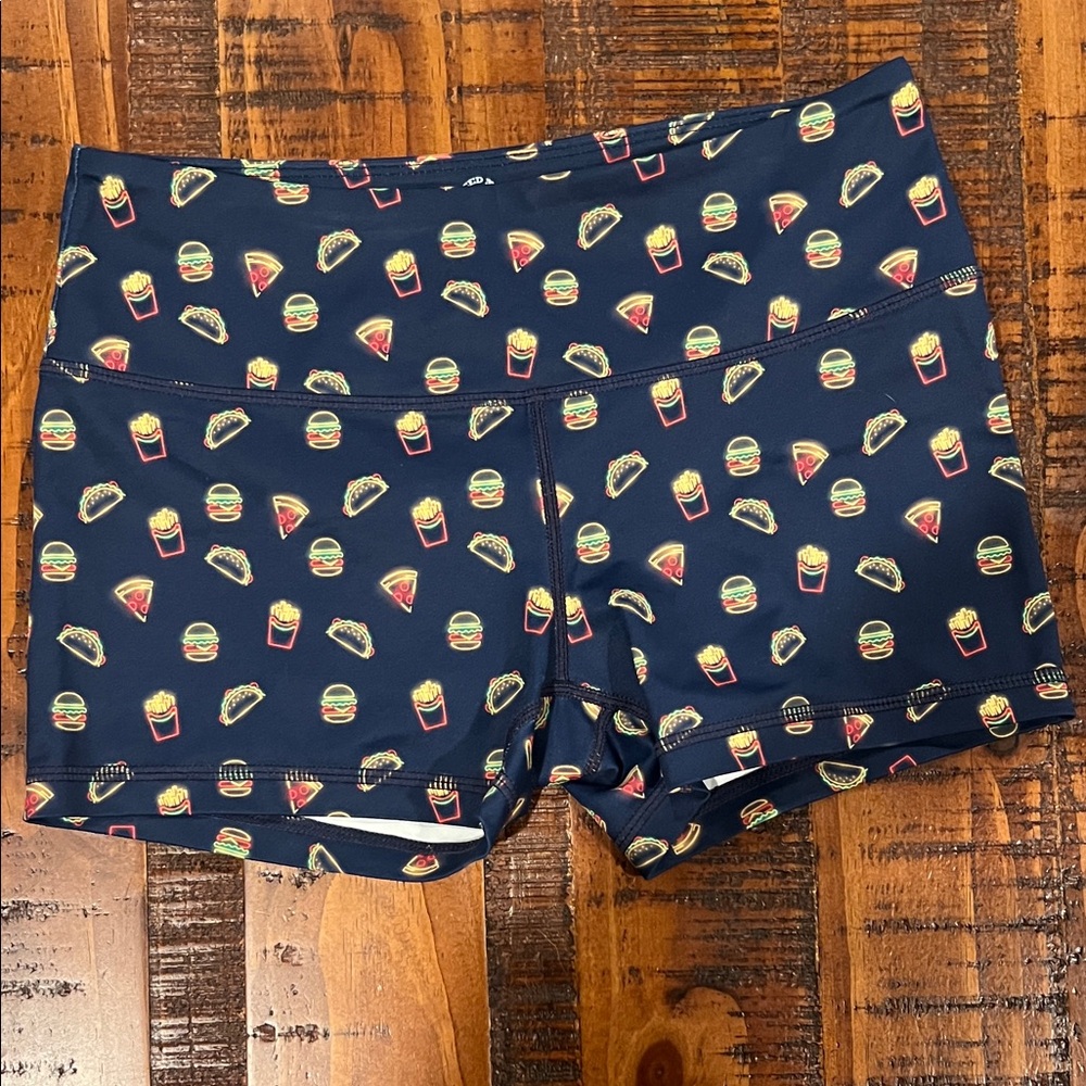 Feed Me Fight Me Navy Blue Athletic Shorts with Food Print